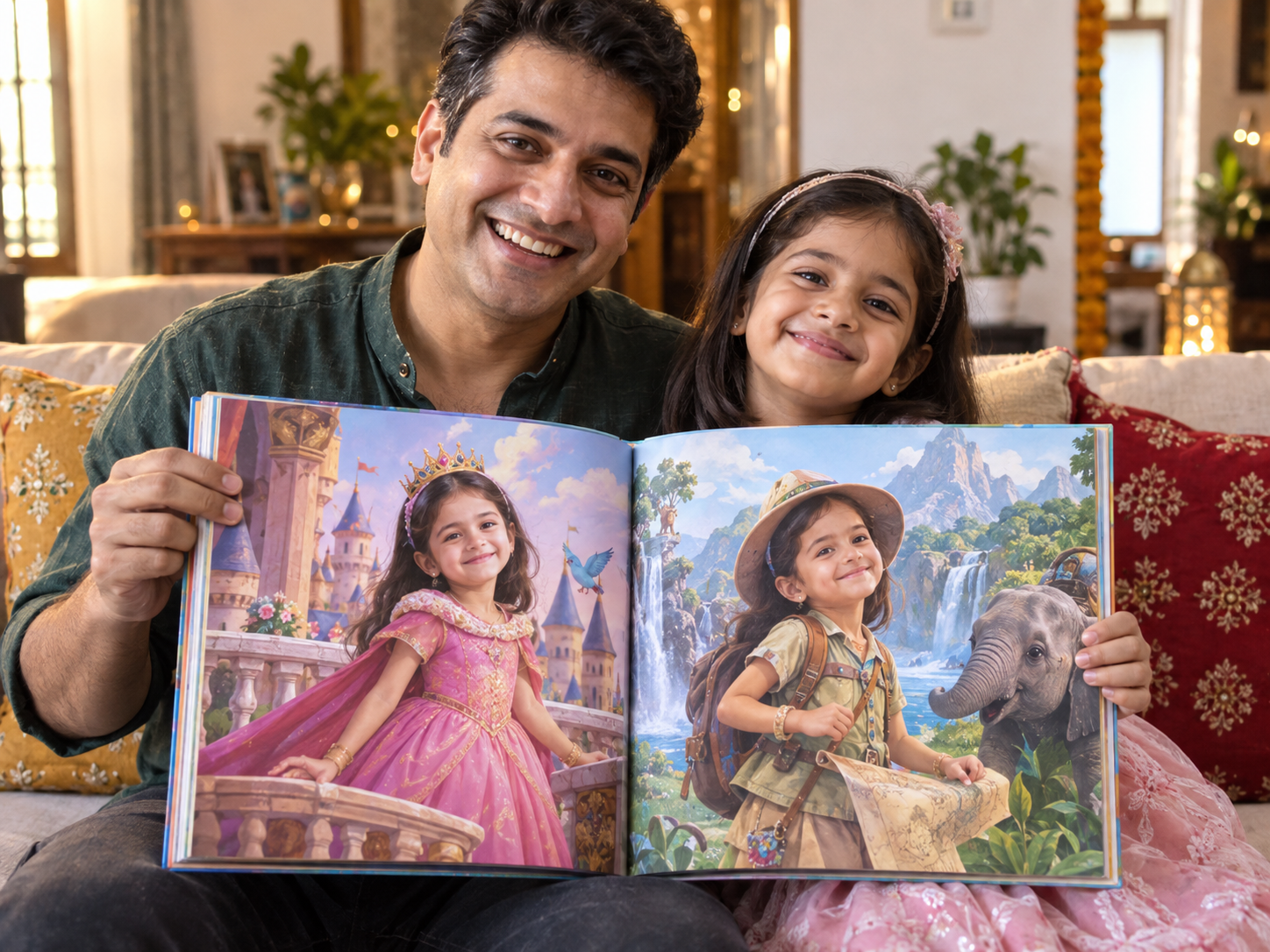 Indian father and daughter showing a personalised fairy-tale book featuring the daughter