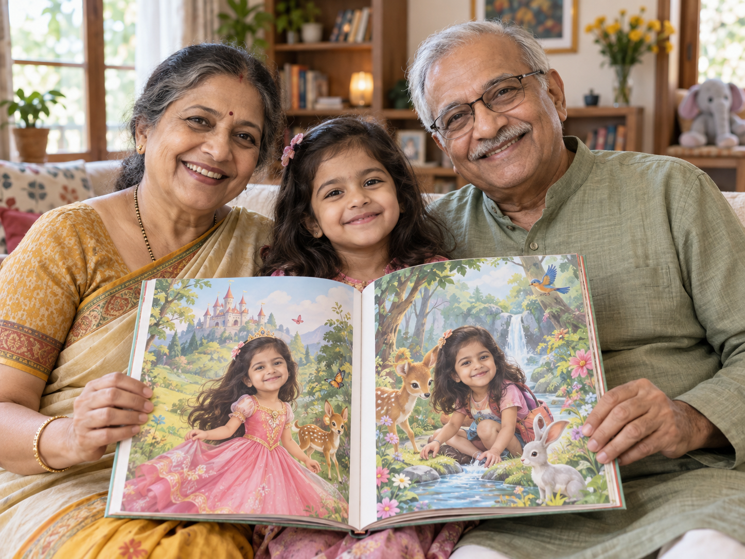 Indian grandparents and granddaughter showing a personalised storybook featuring the granddaughter