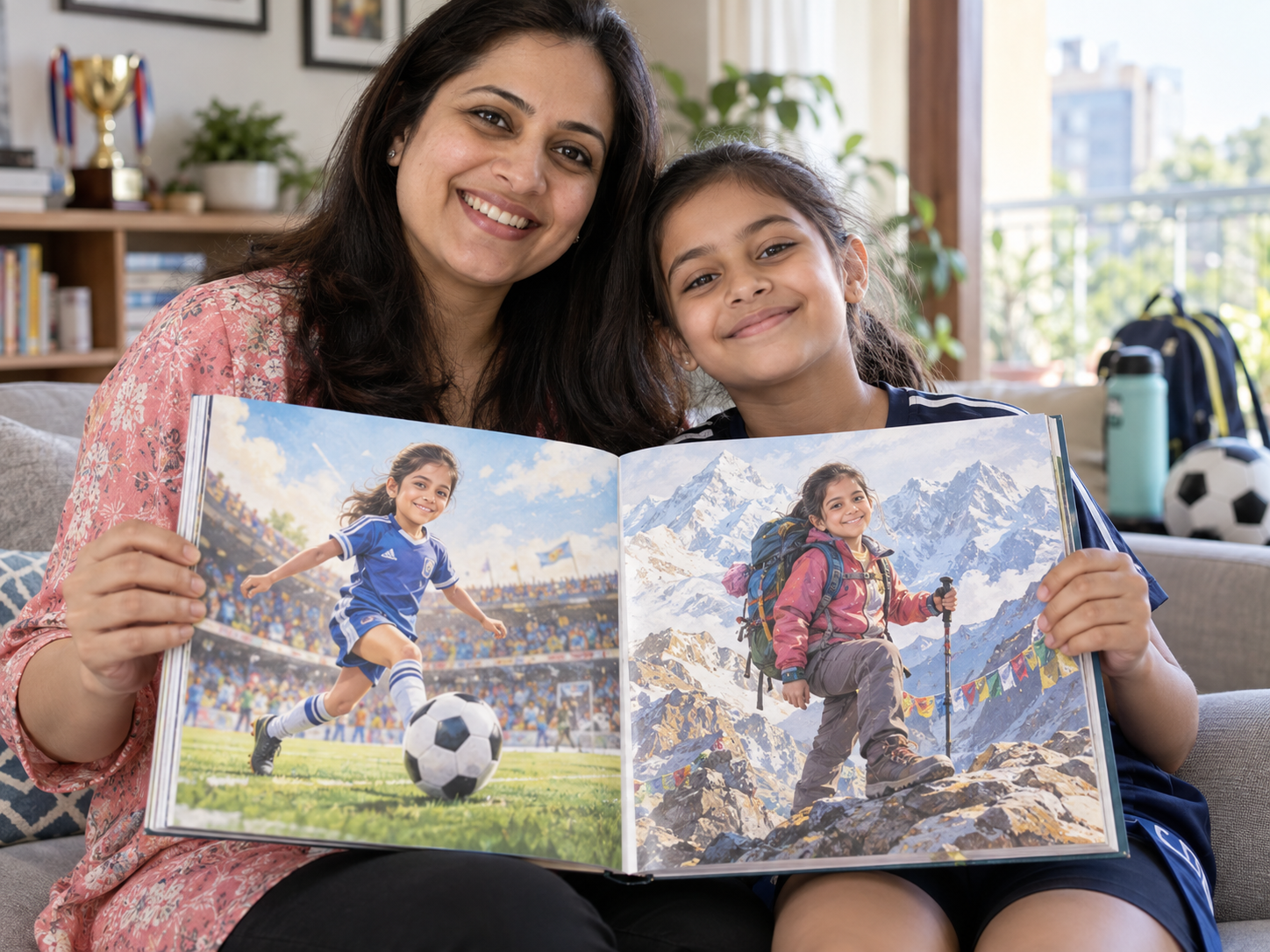 Indian mother and daughter showing a personalised sports book featuring the daughter